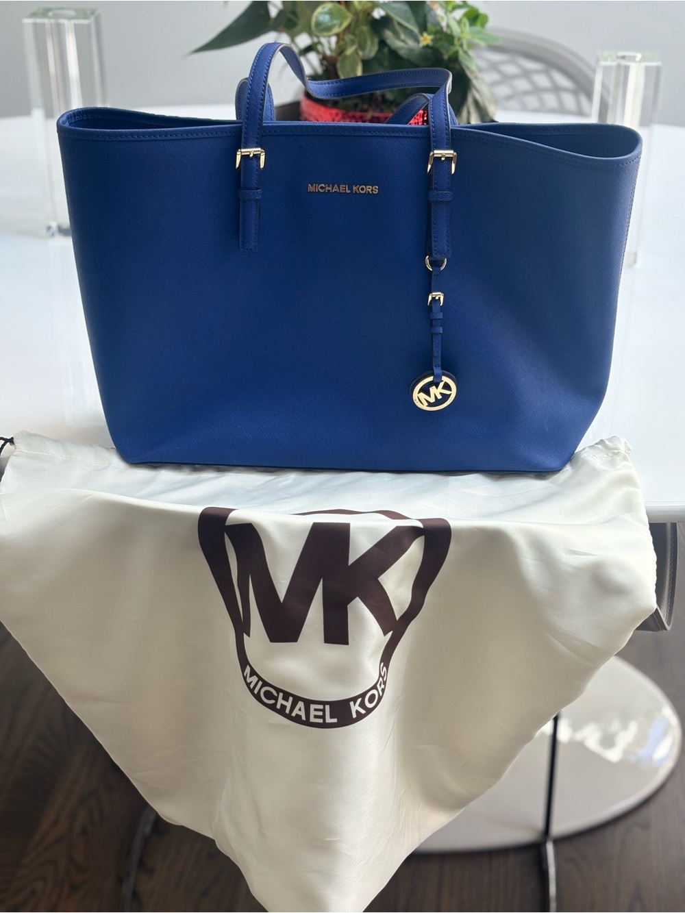 Michael Kors Saffiano Large Tote in Blue with Gold Hardware
